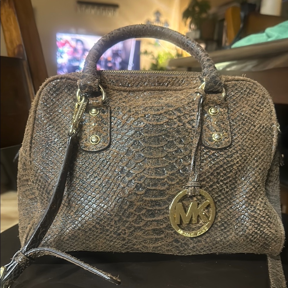 Michael Kors Brown Satchel with Textured Surface and Gold Hardware